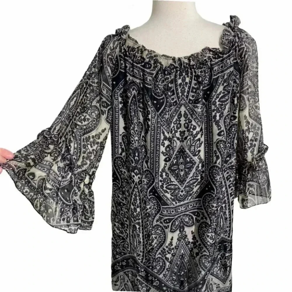 Milly Paisley Silk Ruffle Dress 8 Black White Boho Bell Sleeve Made in USA